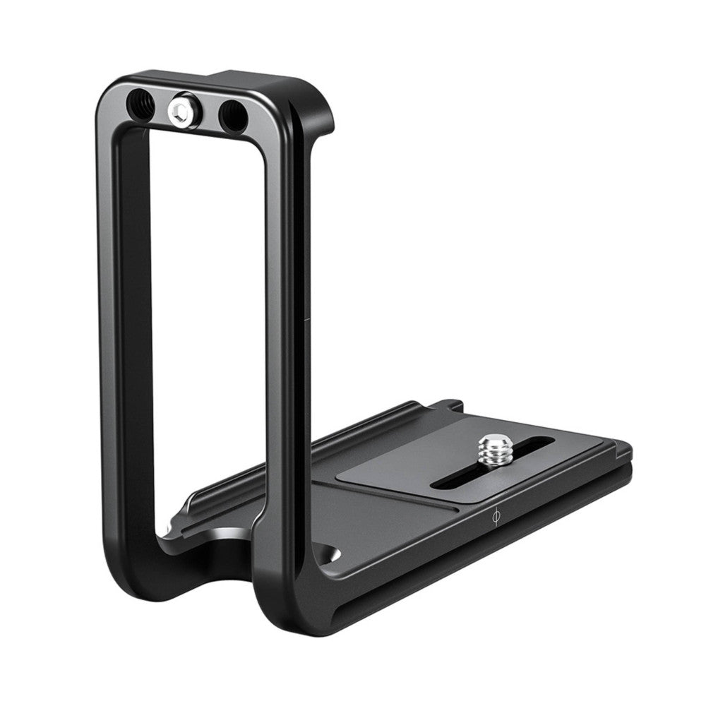 Black L-shaped camera bracket shown from an angled perspective, displaying the vertical mounting plate and horizontal base plate with adjustment knobs.