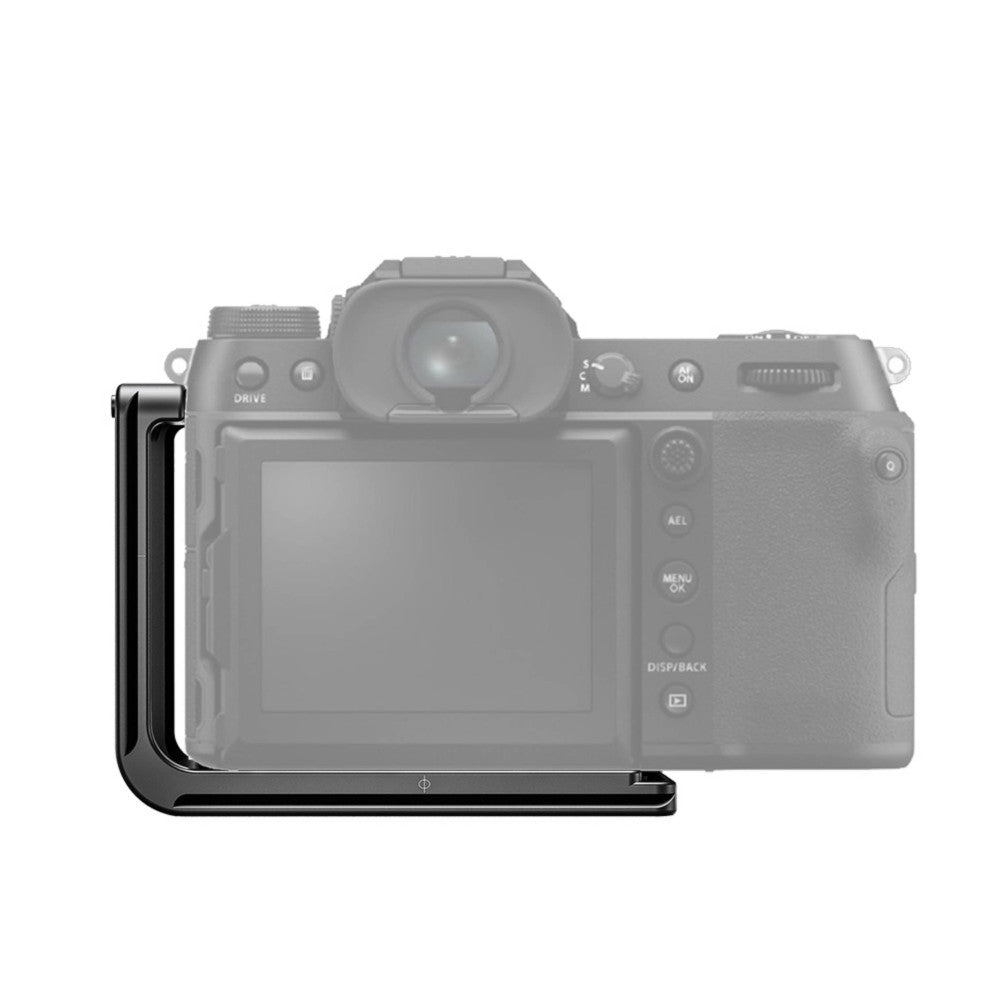Black L-bracket mounted on left side of gray Fujifilm GFX camera body, shown in side view against white background.