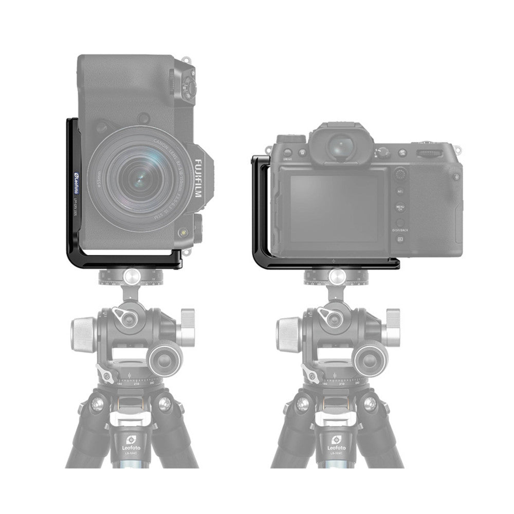 L-bracket mounted on Fujifilm cameras shown from top and front views, demonstrating compatibility with GFX models on tripod heads.