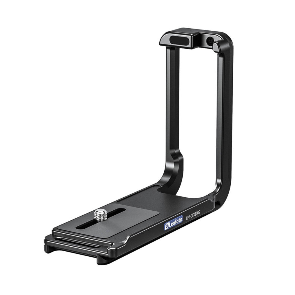 Black L-shaped camera bracket shown from side angle, displaying mounting plate with tripod socket and vertical handle with adjustment knob.