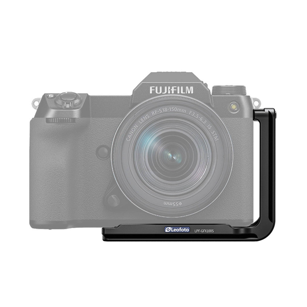 Black L-bracket mounted on right side of Fujifilm mirrorless camera with zoom lens, side view.
