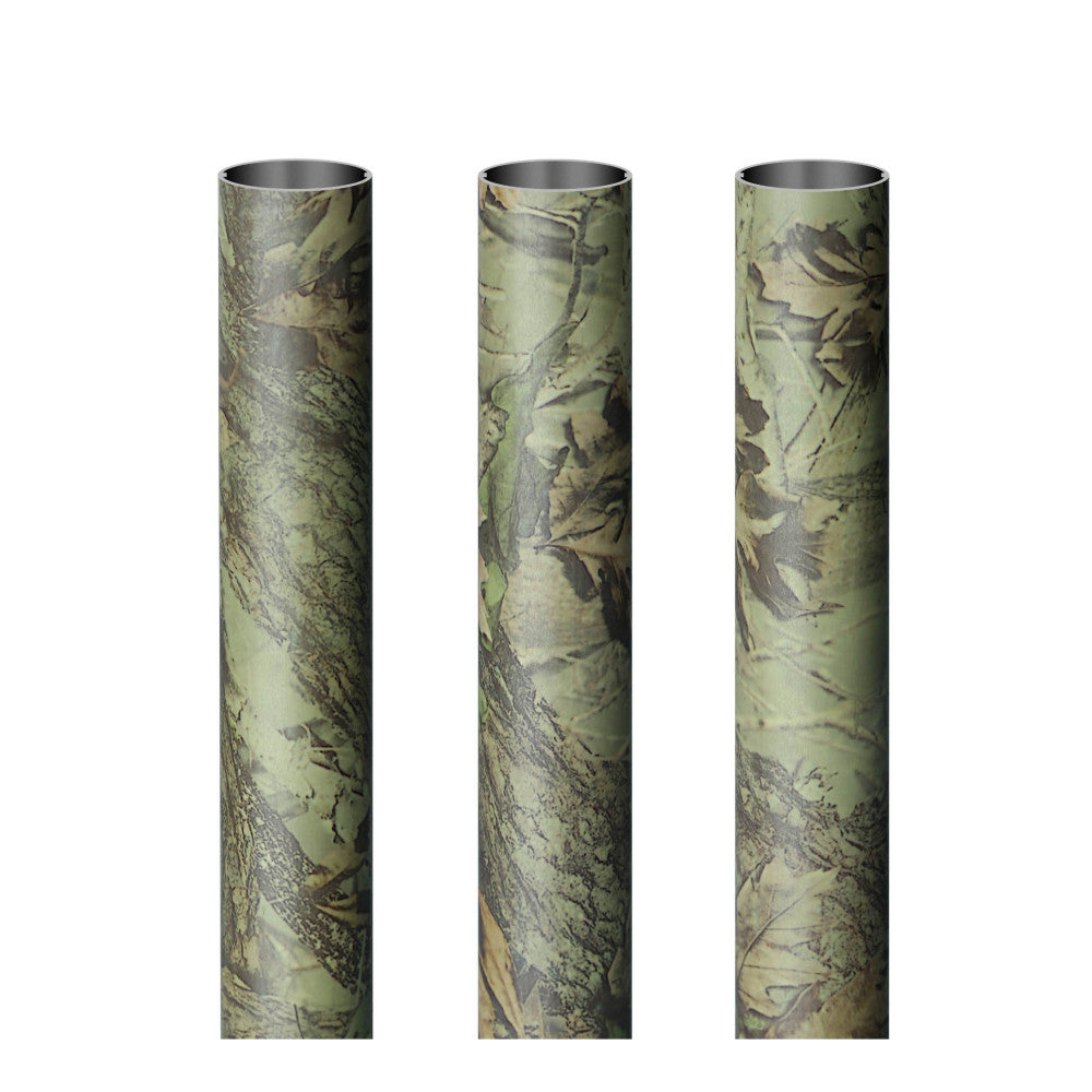 Three extended camouflage-patterned carbon fiber tripod legs shown side by side against a white background.