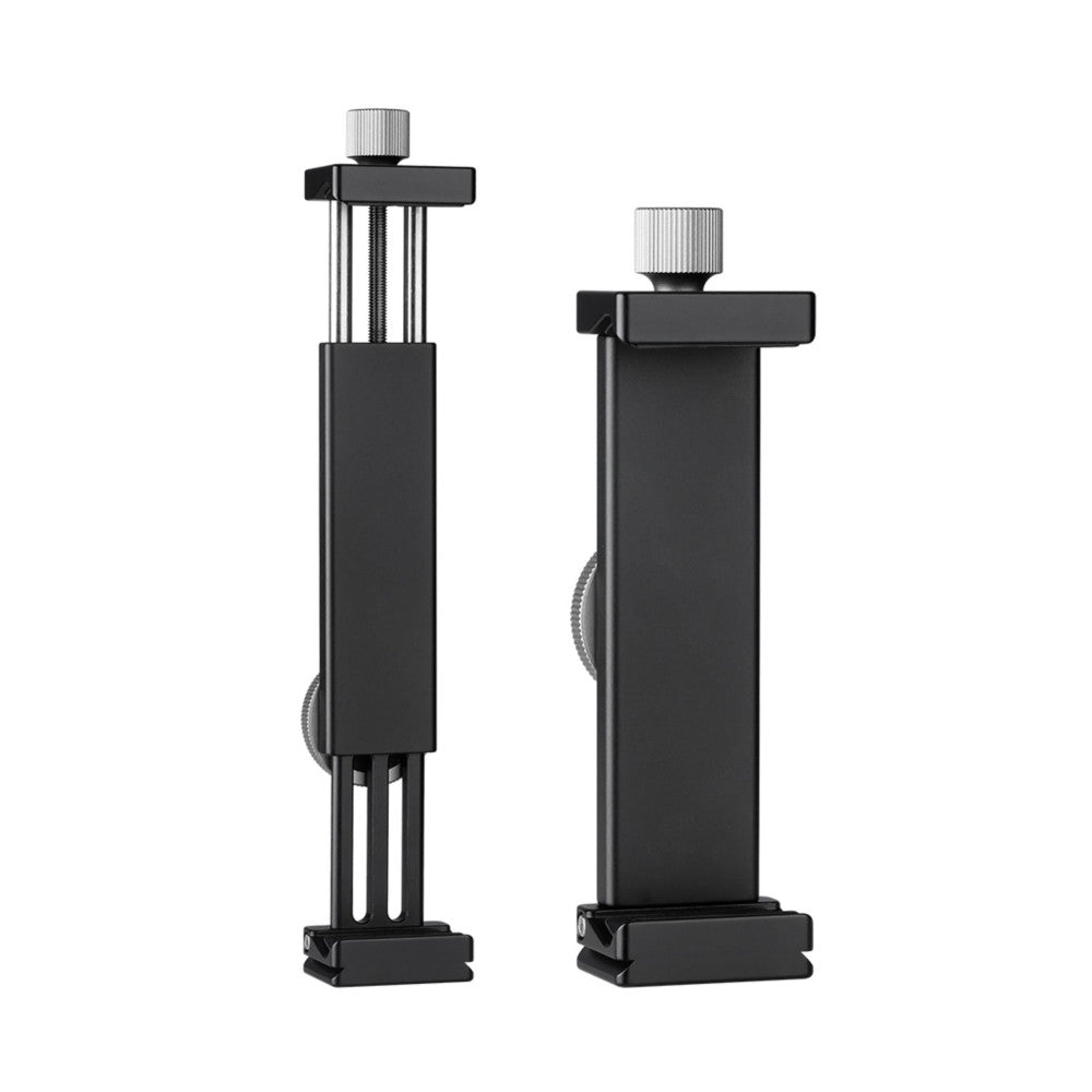 Two black tablet clamps shown side-by-side, displaying adjustable width configurations with thumbscrews and Arca Swiss base plates.