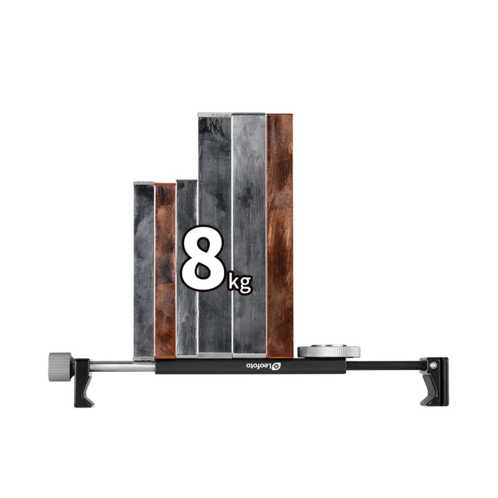Front view of Leofoto PC-230 clamp mounted on horizontal bar with vertical wood-textured sample holders showing 8kg weight capacity.