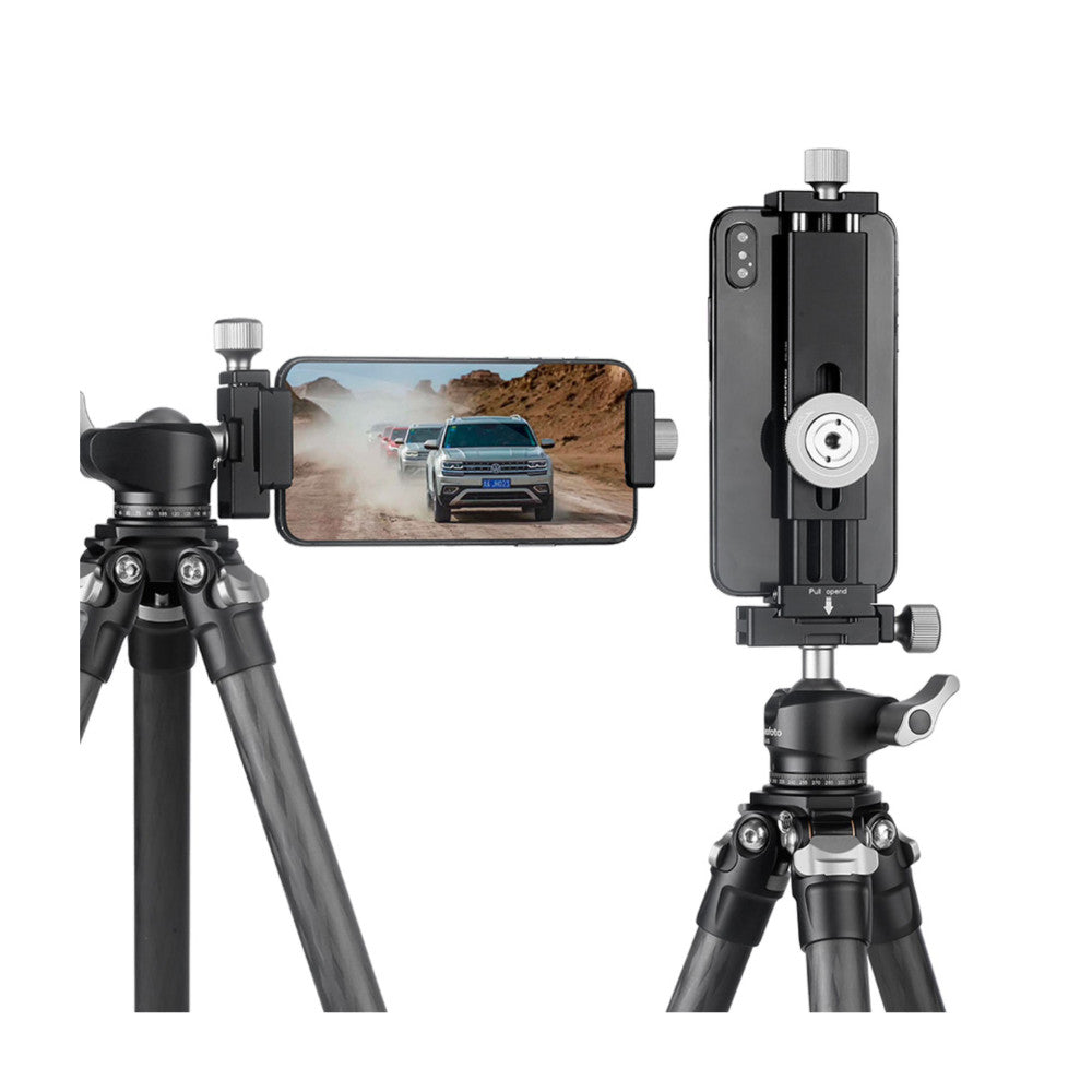 Two tripod-mounted smartphone/tablet clamps shown in use configuration, displaying an iPad with landscape video content, alongside a vertical clamp mount detail view.