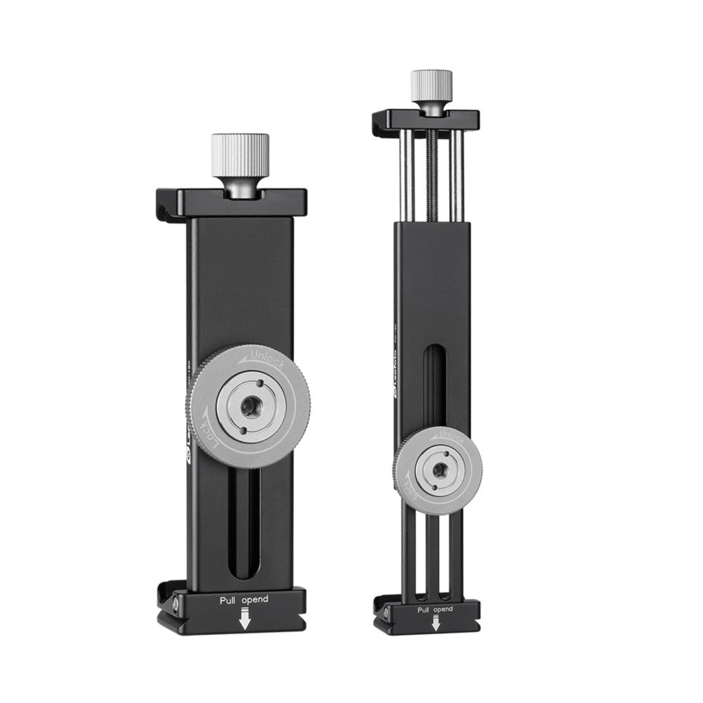 Two black iPad clamps shown side-by-side at different extension lengths, displaying the adjustable mechanism and Arca Swiss mounting base.