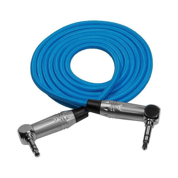Blue coiled audio cable with right-angle 3.5mm connectors on both ends, displayed against white background.