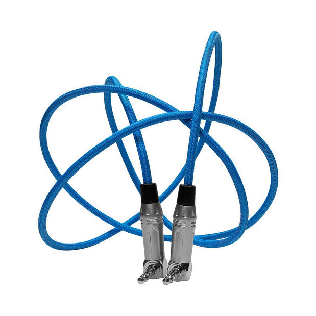 Blue coiled audio cable with right-angle 3.5mm connectors at bottom, displayed against white background.
