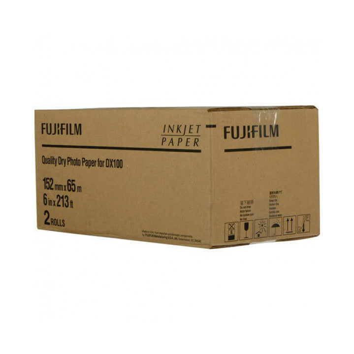 Brown cardboard box for Fujifilm DX100 photo paper, showing product specifications and branding on front and side panels.