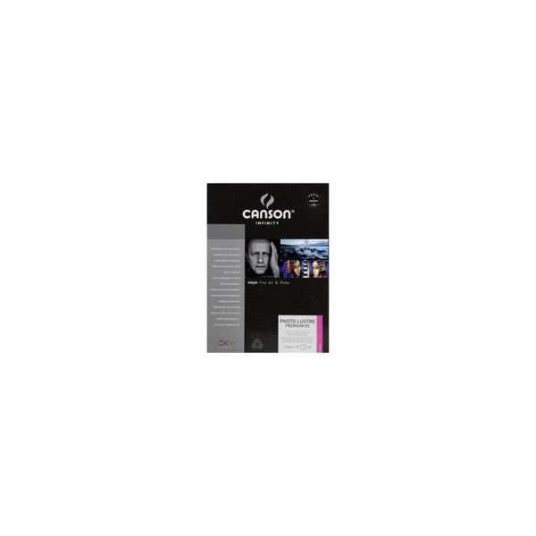 Front of Canson Infinity Lustre photo paper box showing product name, sample photos, and specifications on black packaging.