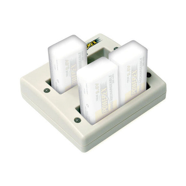 Maha Powerex MH-C490F charger shown from above at a slight angle, displaying four white 9V battery slots on a beige base unit with visible charging contacts.