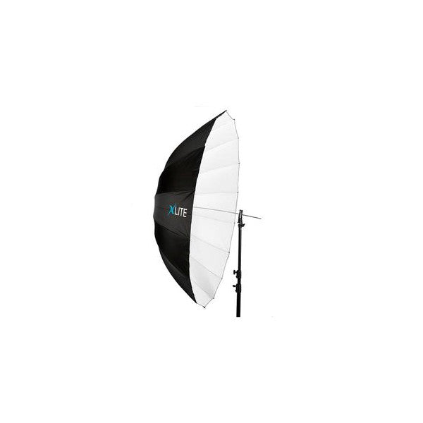 Side view of a large black and white umbrella with XLITE branding, showing its deep parabolic shape and ribbed interior structure against a white background.