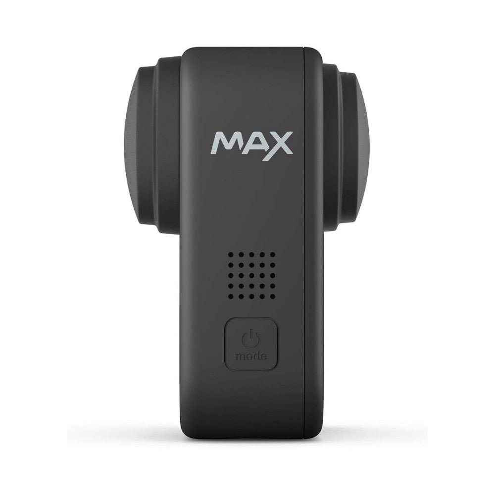 Front and side view of a black GoPro MAX camera showing the lens caps, power button, mode button, and speaker grille.