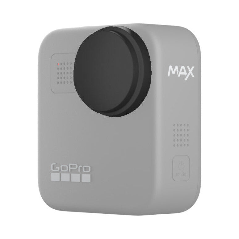 GoPro MAX camera with black lens cap attached, shown at an angle against a white background.