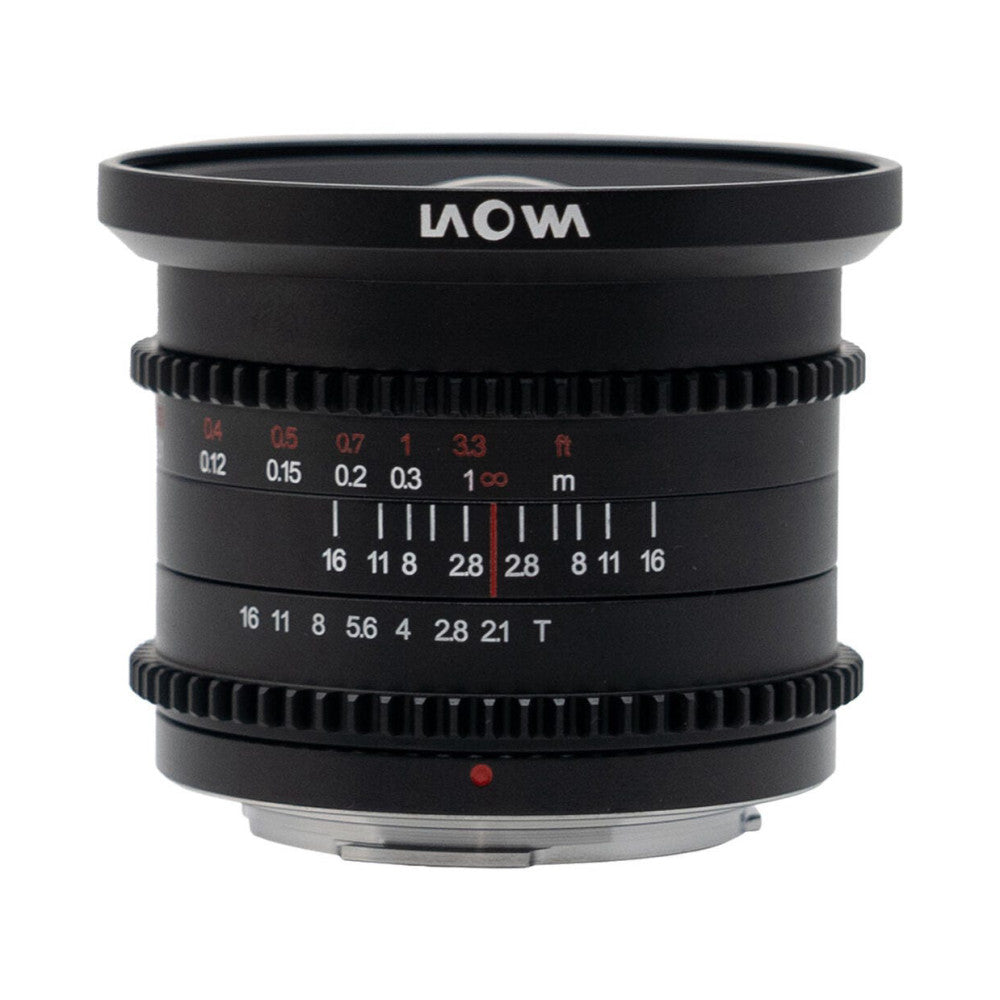 Black cinema lens with "LAOWA" branding viewed from front, showing focus ring, aperture markings, and distance scale with red indicator line.