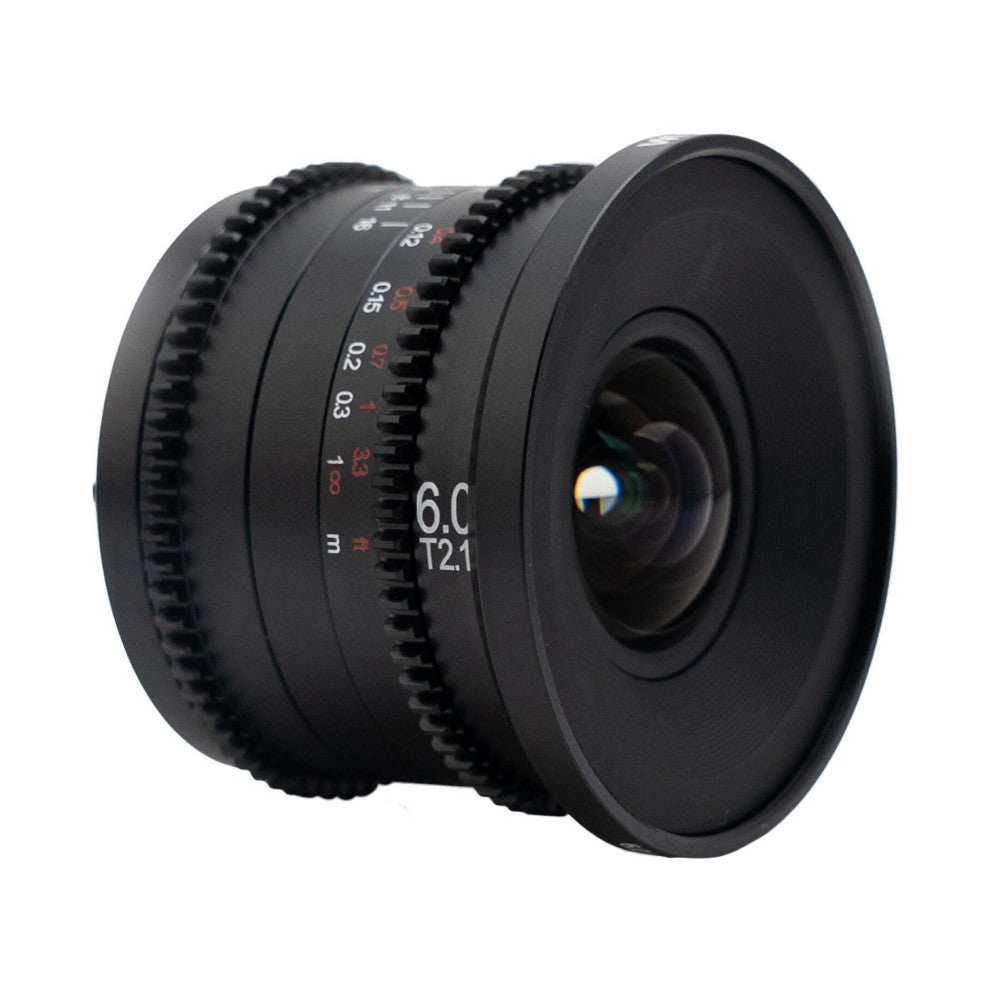 Black cinema lens shown at three-quarter angle, displaying focus ring, aperture markings, and front glass element with light reflection.