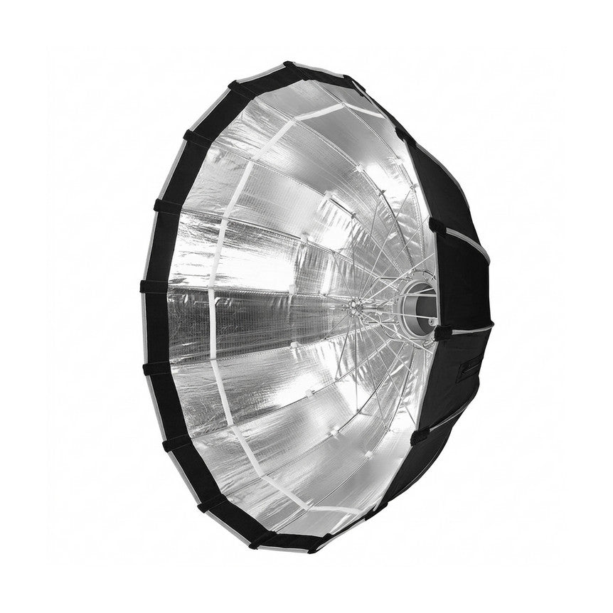 Front view of a large octagonal silver softbox with black exterior frame and central Bowens mount connector, displayed against white background.