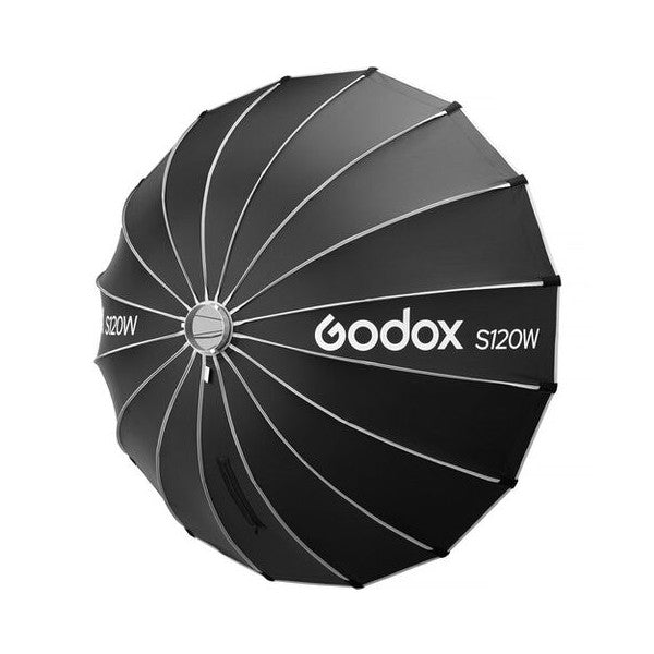 Front view of a black spherical softbox with radial ribs, Godox S120W branding visible on the side, and central mount hardware.