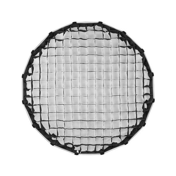 Front view of a large octagonal softbox with a white diffusion panel and black grid overlay, showing the interior diffusion material.