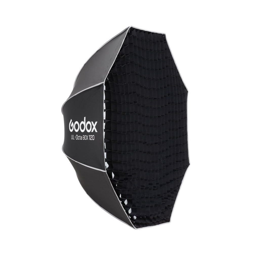 Black octagonal softbox with grid displayed at an angle showing the curved front panel and textured interior ribbing.