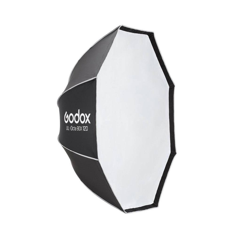 Godox UL-Octa BOX 120 softbox shown at angled side view displaying octagonal shape with white diffusion panel and black exterior casing.