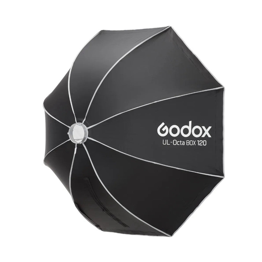 Godox UL-Octa Box 120 softbox shown from front angle, displaying octagonal shape with white piping and central mount against white background.