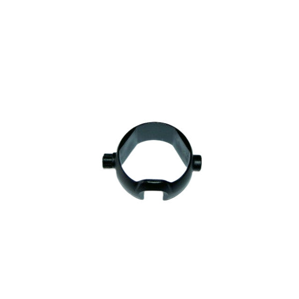 Dark gray plastic retaining ring with two small protrusions, shown from top view against white background.