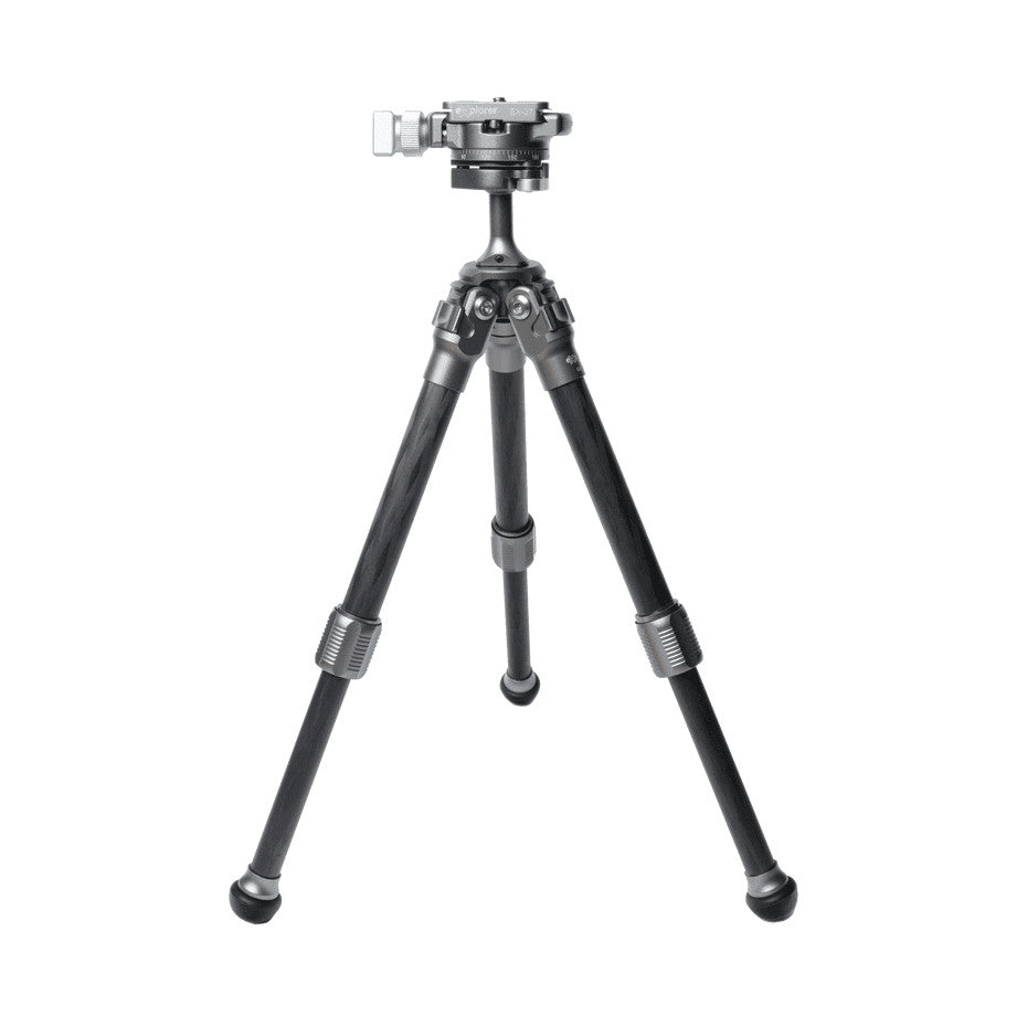 Black tabletop tripod with ball head and center column, shown from front angle against white background.