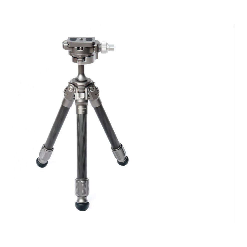 Compact tabletop tripod with ball head mount shown in front view against white background, featuring gray carbon fiber legs and metal hardware.