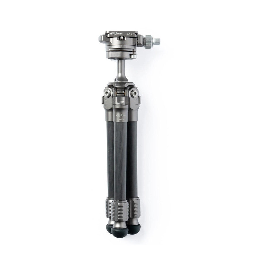 Compact tabletop tripod with ball head and center column, shown in full front view against white background.