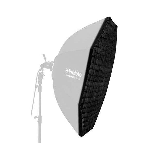 Black honeycomb softgrid accessory attached to a large octagonal softbox, shown from a side angle against a white background.
