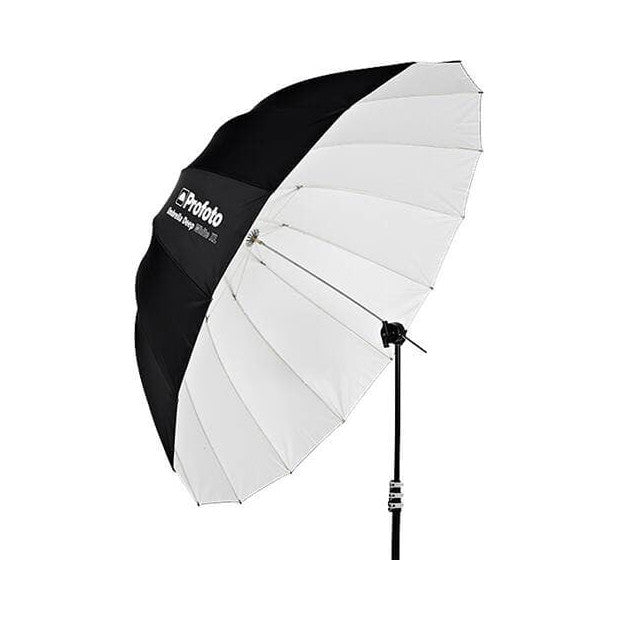 Large white reflective umbrella with black exterior and handle, shown at an angle against white background.