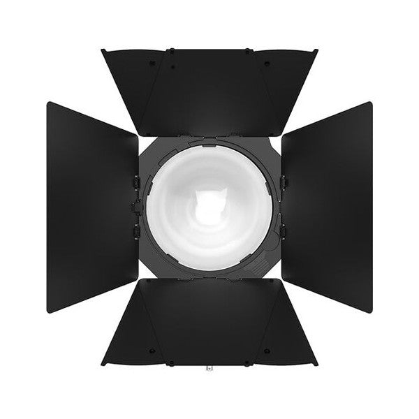 Front view of black barndoors with four flaps open around a circular fresnel lens mounted centrally.
