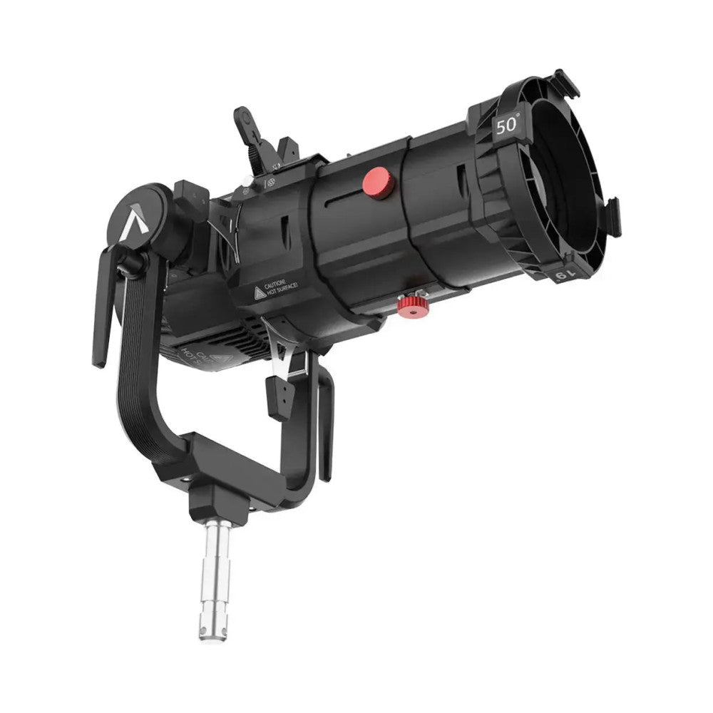 Black spotlight projector with 50-degree lens shown from side angle, featuring red control knobs and adjustment handles on mounting bracket.