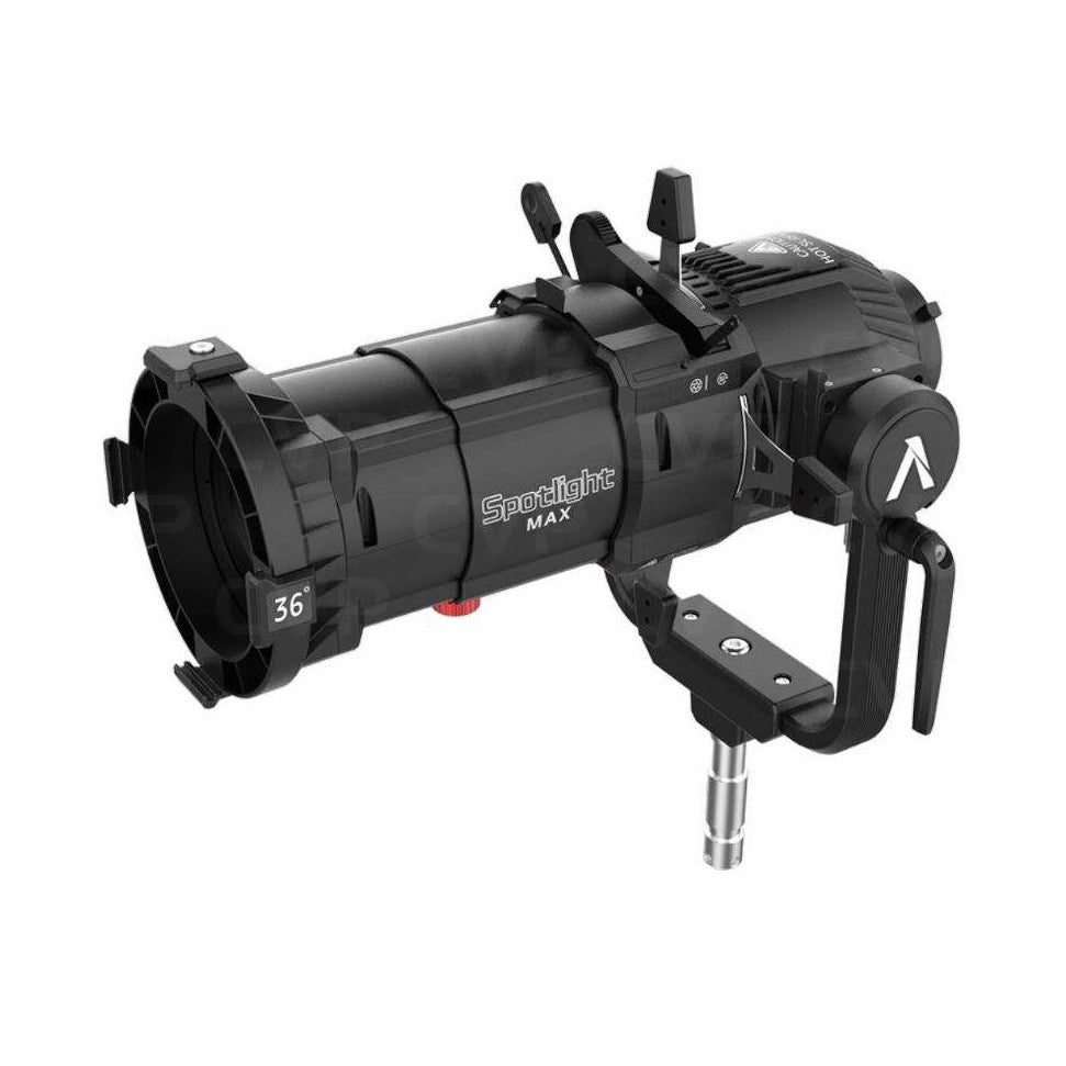 Black spotlight projector with 36-degree lens mounted on adjustable bracket stand, side angle view against white background.