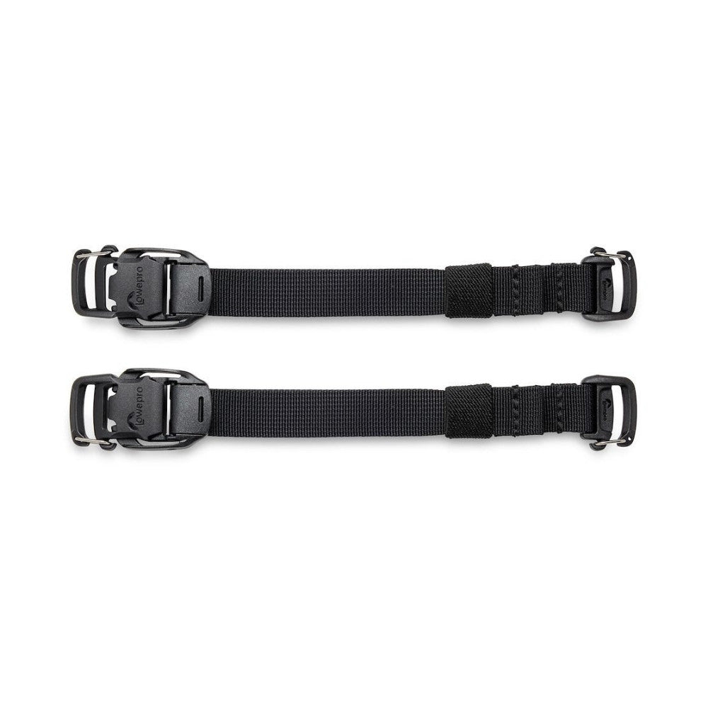 Two black nylon quick-release straps with plastic buckles shown side-by-side against a white background.