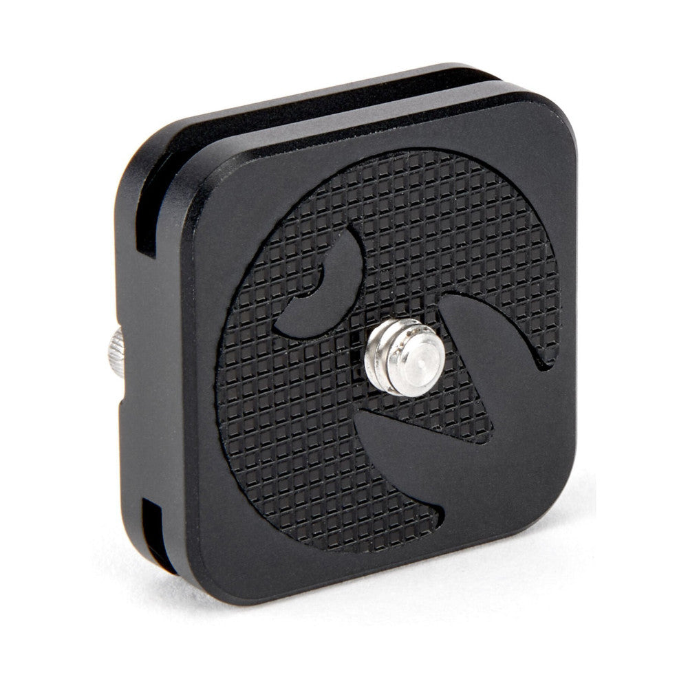 Black square tripod quick-release plate with textured surface and central metal screw, shown from front angle against white background.