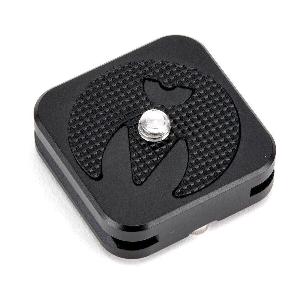 Black quick-release tripod plate shown from above, displaying textured surface with three curved foot grips and central metal screw mount.