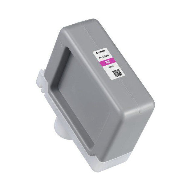Canon PFI-1100 magenta ink tank shown at an angle displaying the gray cartridge body with label and clear output nozzle visible.