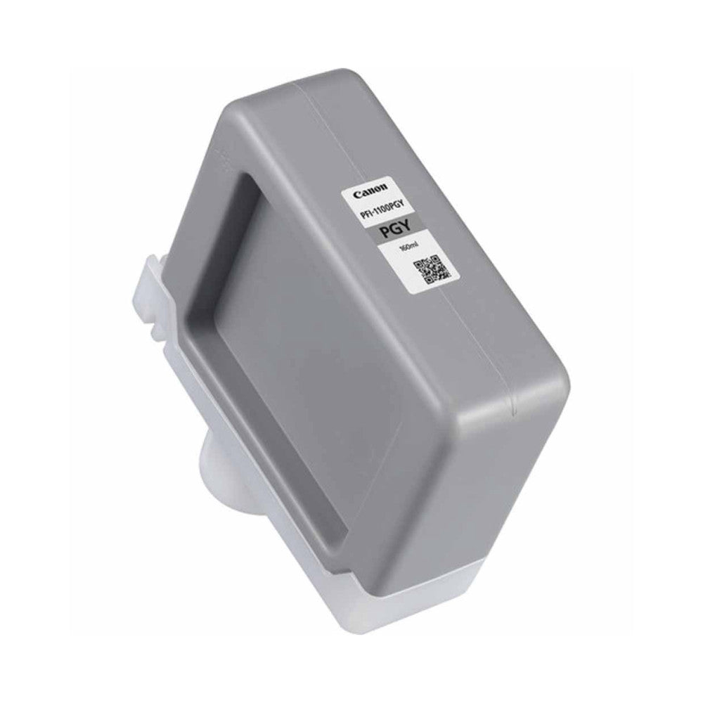 Canon PFI-1100 grey ink cartridge shown at an angle displaying the label with product name, model number, and QR code on white background.