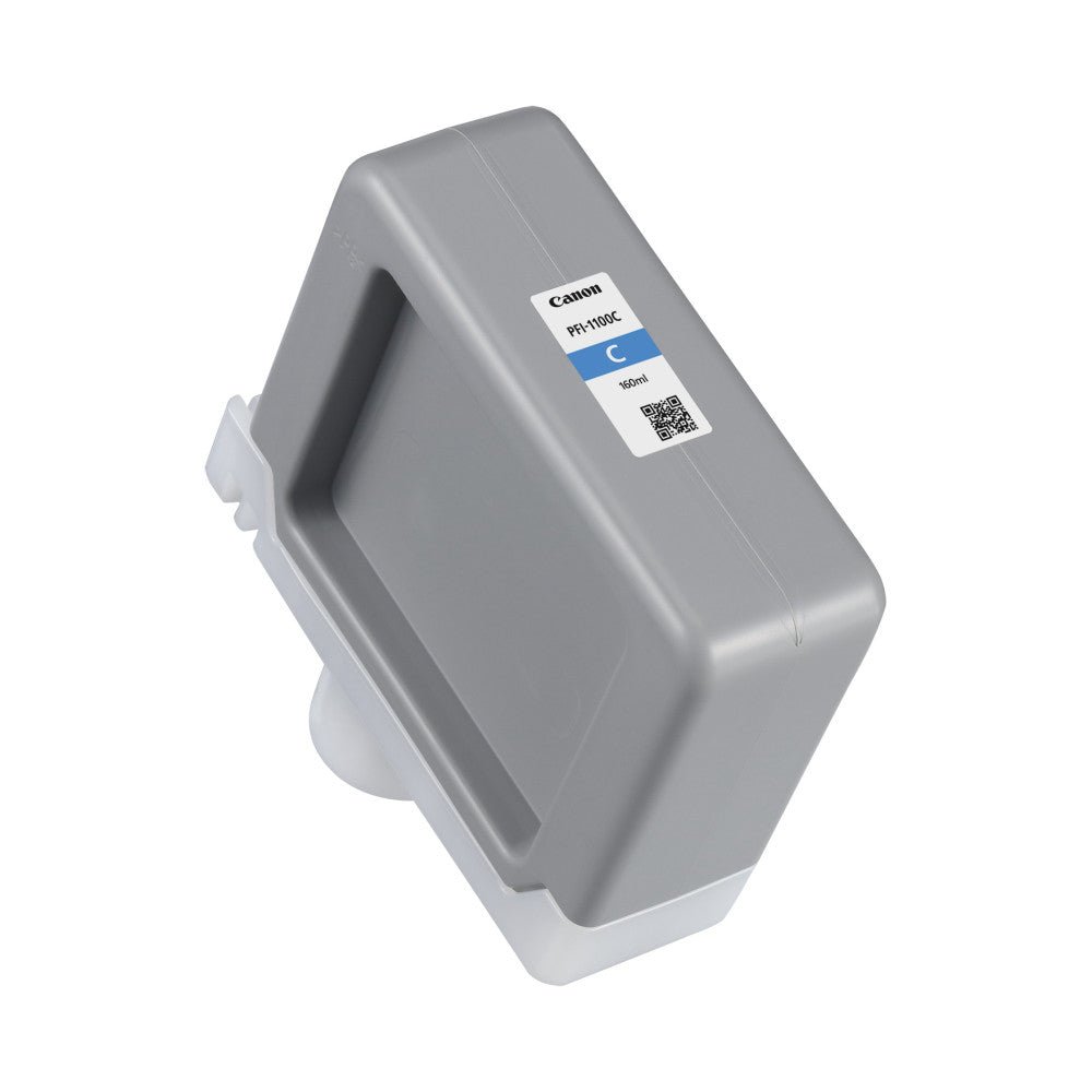Gray Canon ink tank cartridge with blue label shown at an angle against white background