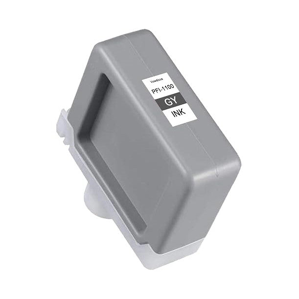 Grey Canon PFI-1100 ink tank shown at an angle, displaying the label with product name and grey ink designation on white background.