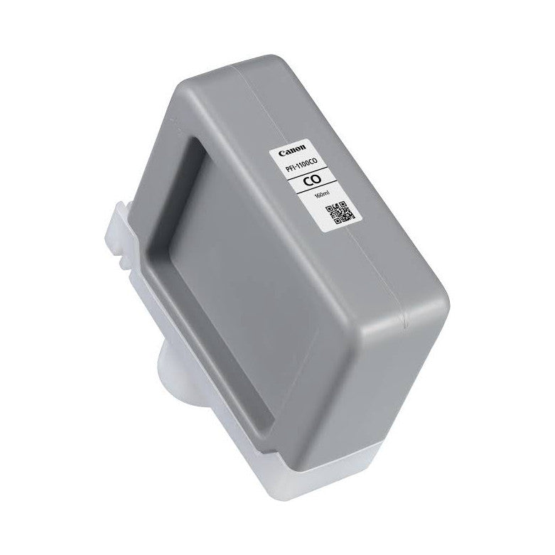 Gray Canon ink tank with label shown at an angle, displaying the product name and QR code on white background.