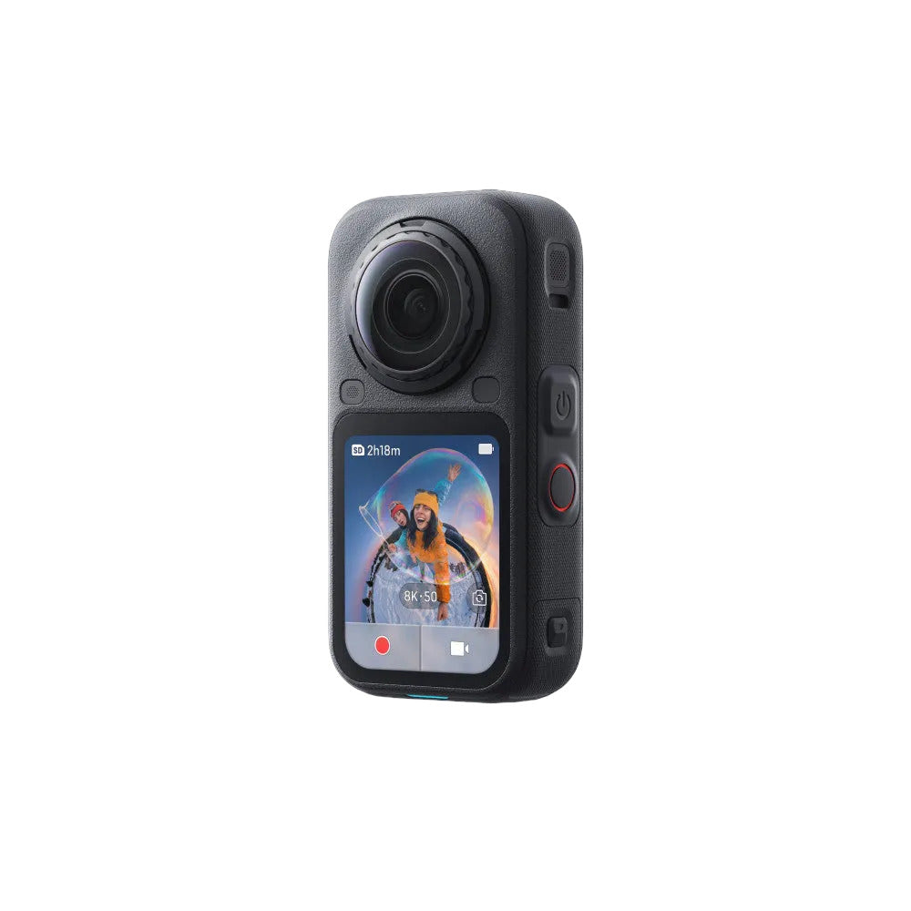 Insta360 X6 action camera shown from front angle displaying the lens, touchscreen preview, and side control buttons against a black background.