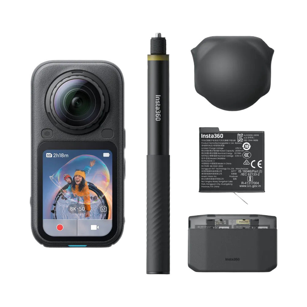 Flat lay product display showing Insta360 X6 camera with screen, extension pole, protective case, and lens cap against black background.