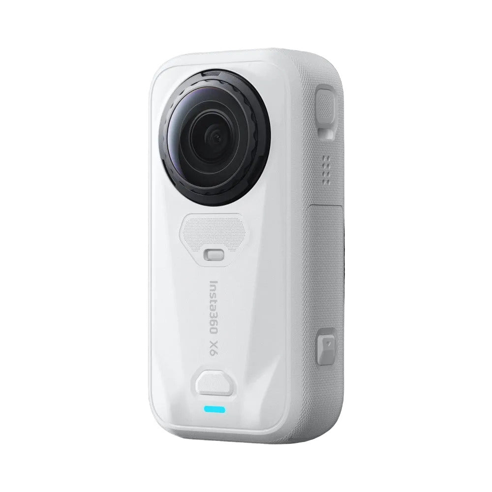 White Insta360 X6 action camera shown from front angle against black background, displaying circular lens, control buttons, and branding.