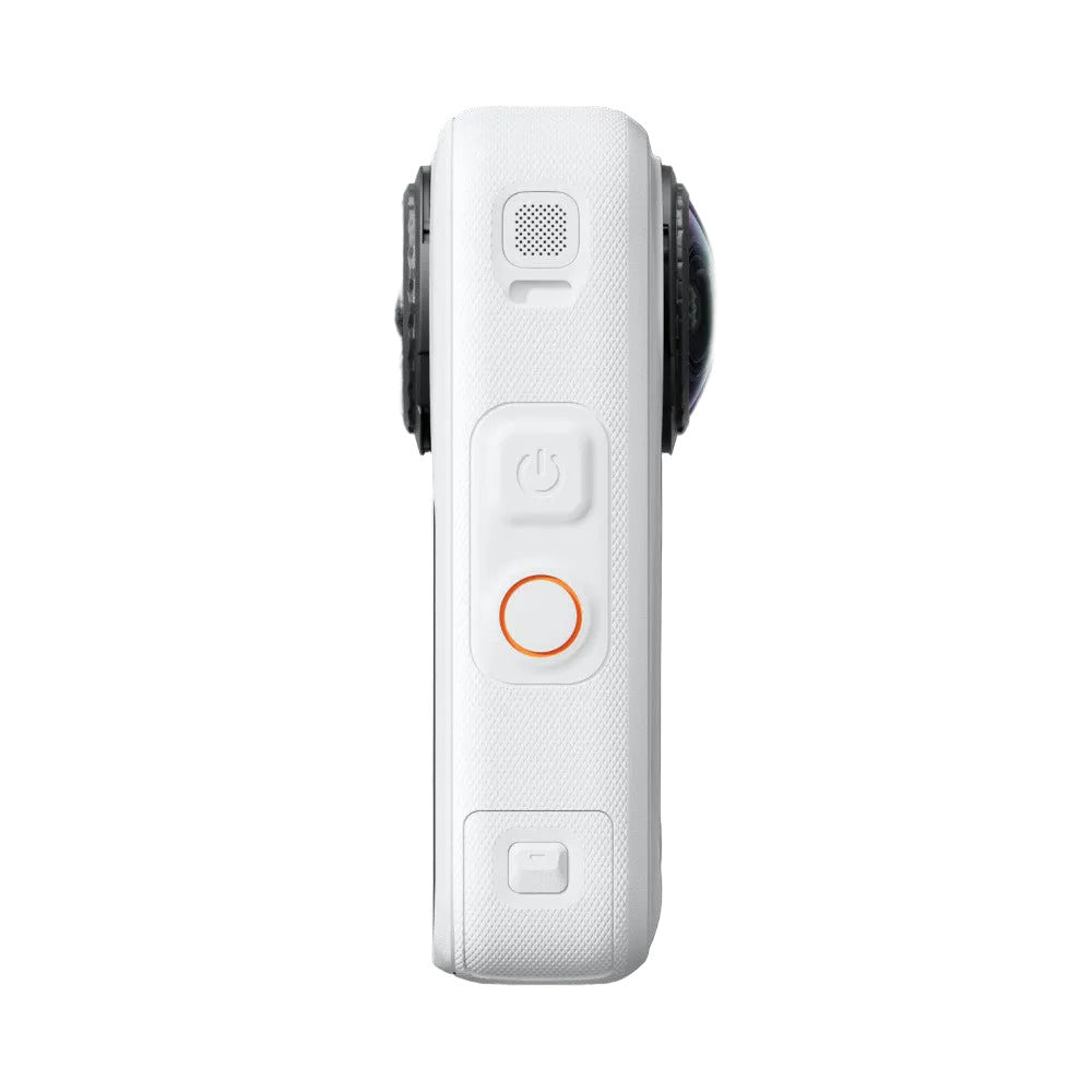 Rear view of white Insta360 X6 camera showing speaker grille, power button, red record button, and display screen with dual lenses visible on sides.