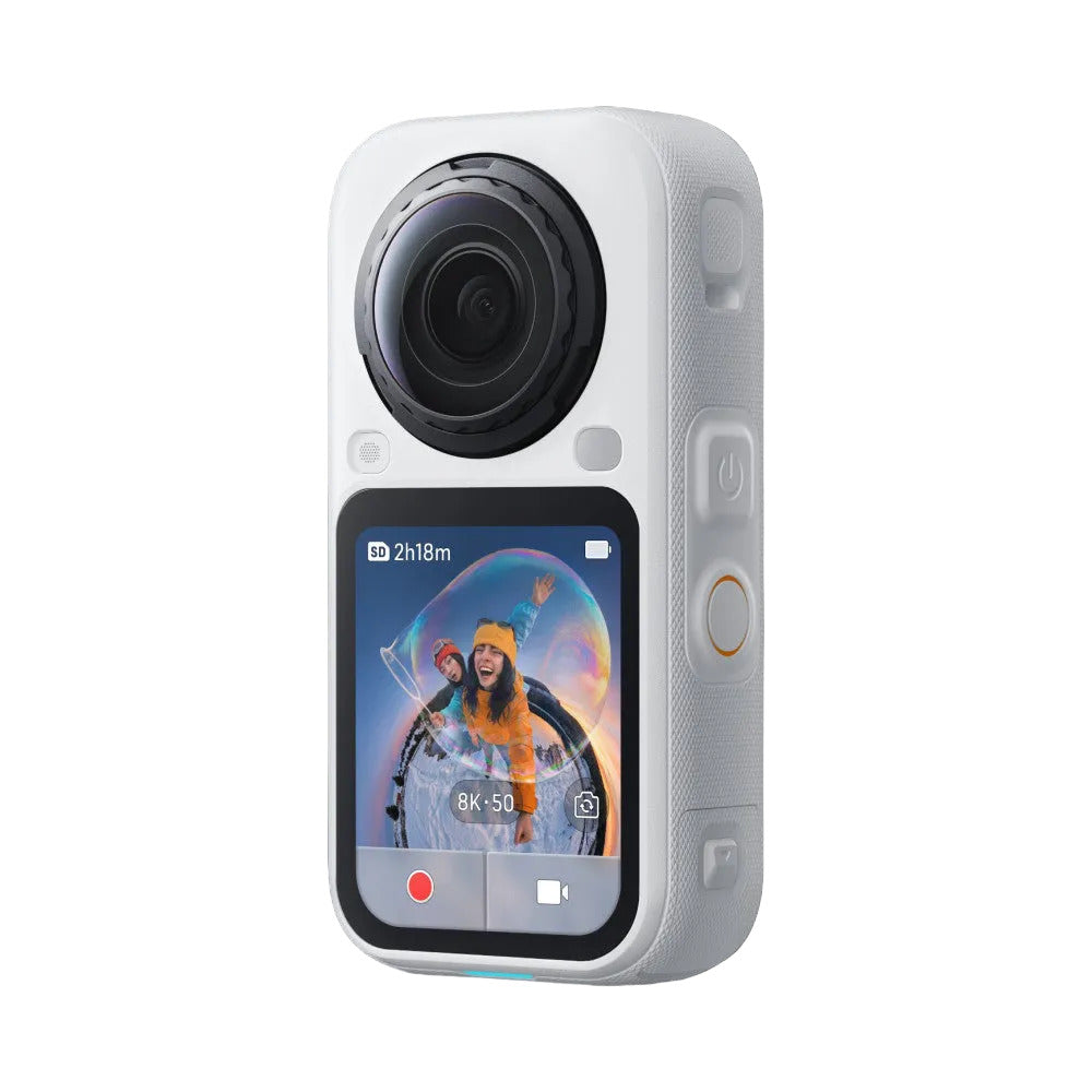 White Insta360 X6 camera shown from front angle, displaying dual lens on top and touchscreen below showing 8K video recording interface with sample footage.