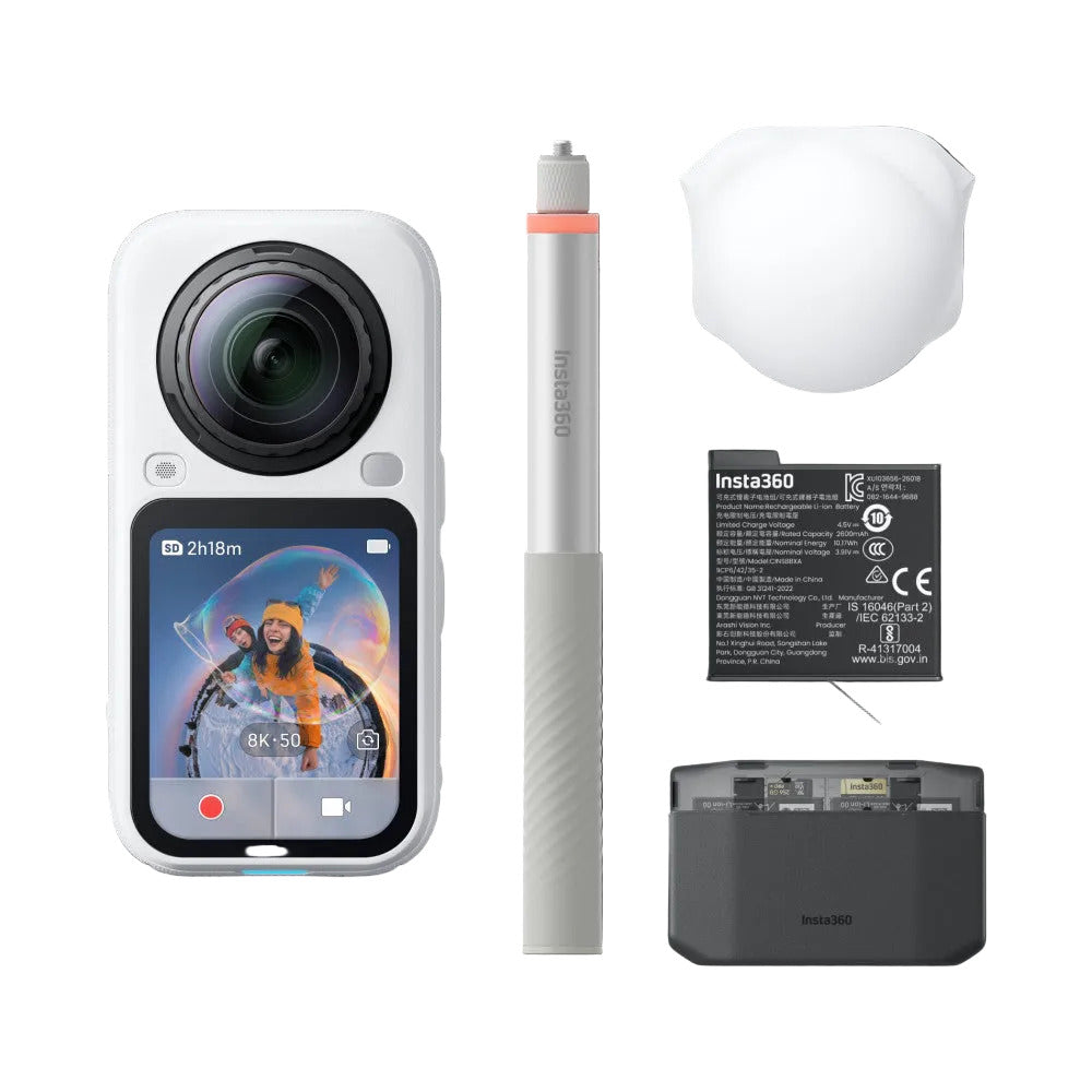 Insta360 X6 camera bundle components displayed on black background: compact camera unit with touchscreen, extension pole, white protective dome, battery, and instruction label.