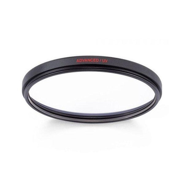 Side view of a black circular UV filter with "ADVANCED / UV" text on the rim, displayed against a white background.